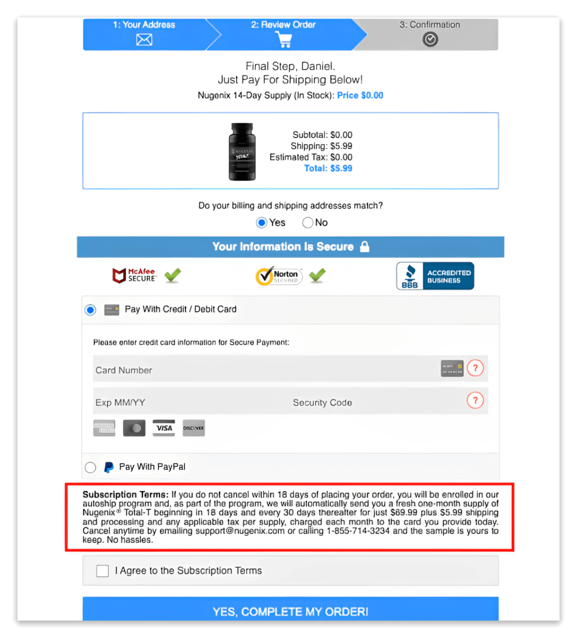 Nugenix checkout page